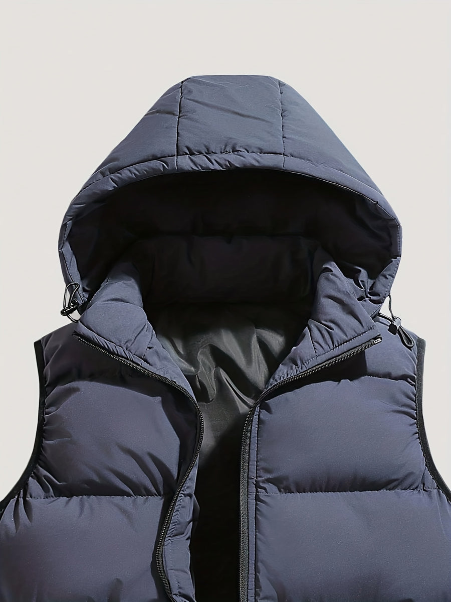 Men'S Autumn Winter Solid Color Vest, Outdoor Casual Fashion Thickened Waistcoat, Quilted Casual Warm Jacket with Removable Hood, Zippered Pockets, Men'S Cold Weather Jacket Top. Suitable for Multi-Scene Wear - Slate Grey