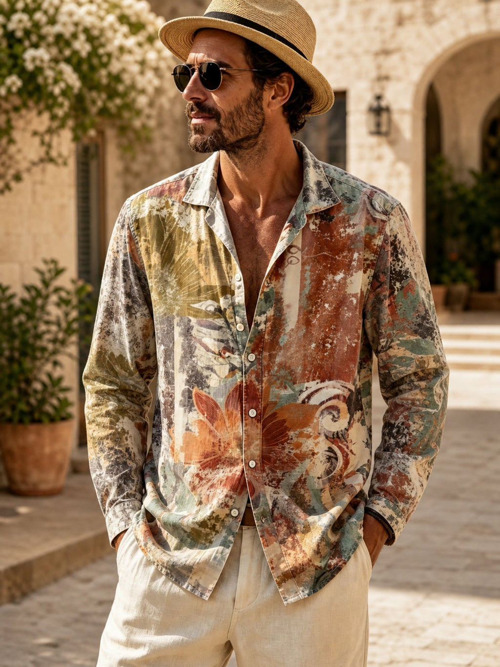 Men'S Vintage Abstract Art Print Long Sleeve Shirt, Beige, Rust Red, Olive Green And Light Cyan Colorways, Casual Button-Up Collar Top, Loose Lightweight Bohemian Vacation Street Style Shirt, Suitable for Summer Travel, Beach, And Daily Wear - Mixed colors