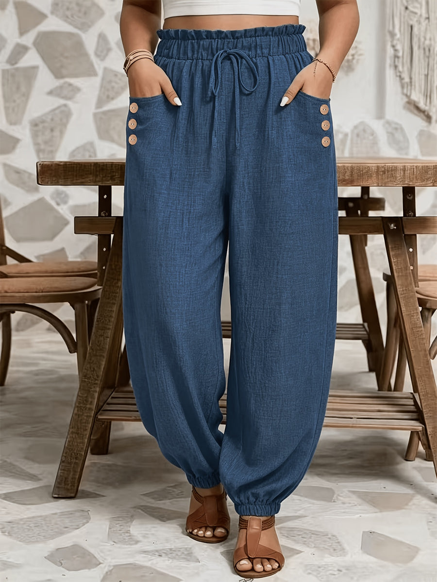 Plus Size - All Seasons Plus Size Beautiful Women'S Casual -Like Rubber High-Waist Scalloped Trim Tie-Pocket Women'S Long Pants, Casual Daily Versatile Vacation Holiday Style - Blue