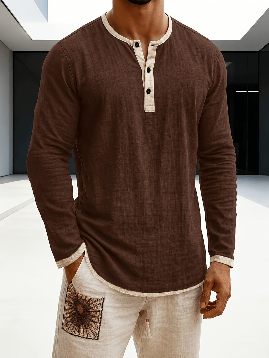 Men'S Retro Color Block Casual Henley Crewneck T-Shirt in Linen, Vintage T-Shirt for Men - Dark Brown