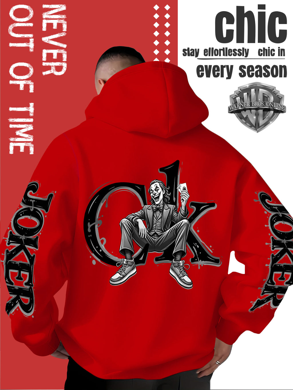 Men'S Hooded Sweatshirt, Western Trendy Cool Black And White Sketch Joker Theme Print, Sleeves with Same Series Splatter Art Lettering, Breathable And Skin-Friendly Fabric, Showcasing ' Fashion Sense, Ideal Gift for Holidays And Birthdays - Red