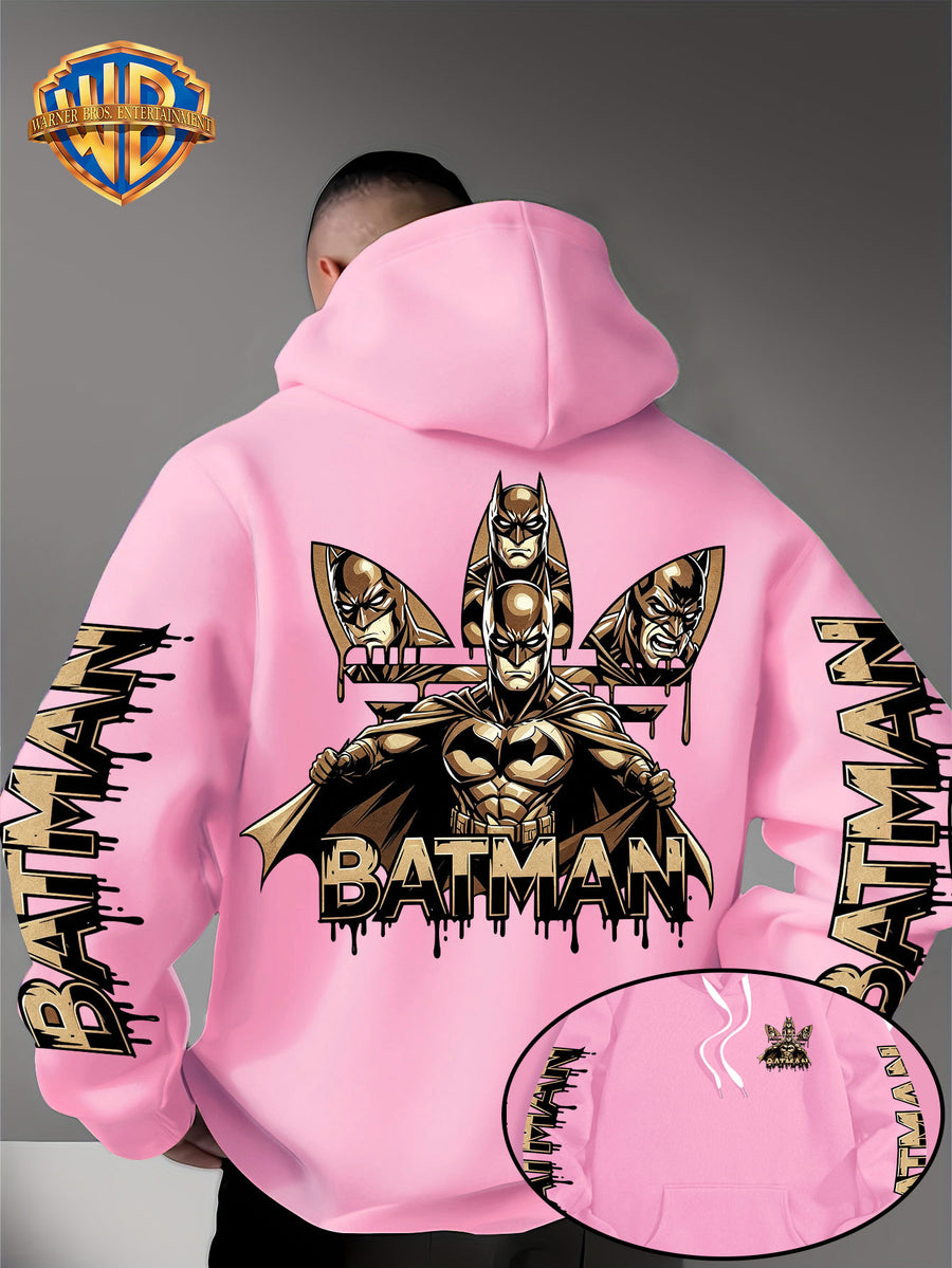 Warner Bros. Official Men's Hooded Sweatshirt - 1pc, Batman BATMAN Vintage Black and Golden Drip Lettering Creative Print, Trendy and Cool DC Superhero IP Graphic Hoodie, Skin-Friendly, Comfortable, and Warm Fabric, Kangaroo Pocket with Ribbed Cuffs - pink