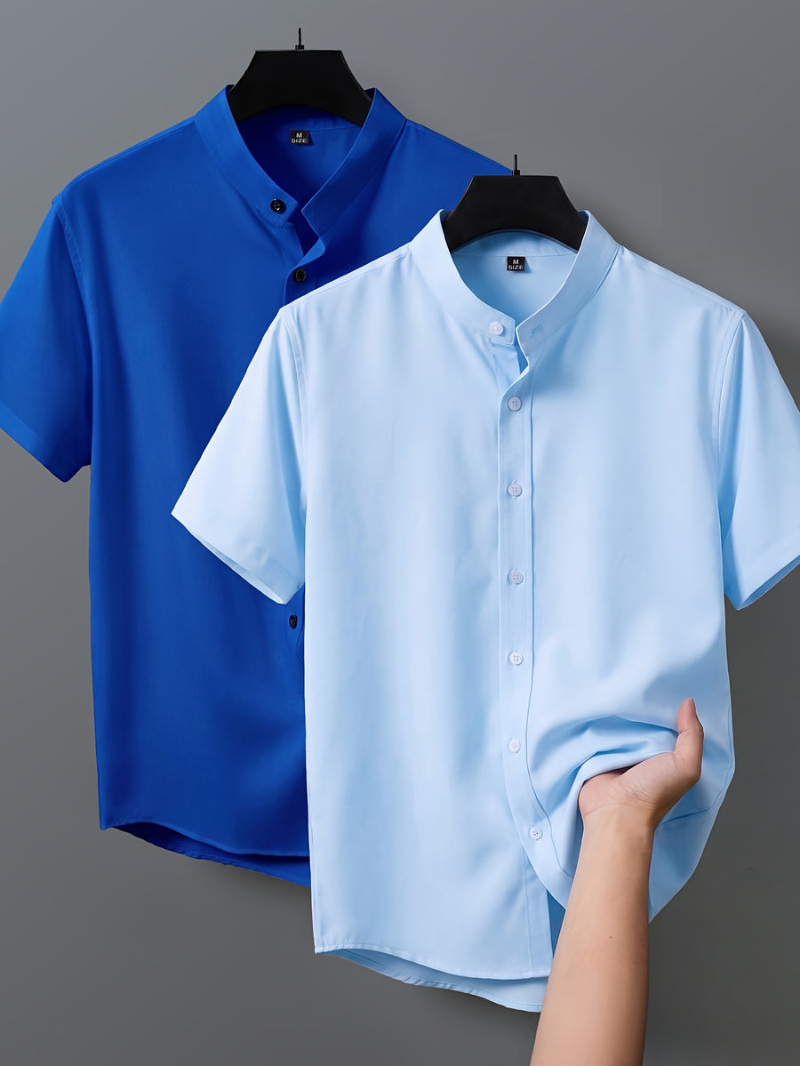 2pcs Men's Short-Sleeve Shirts, Henley/Stand-Up Collar Design, Summer Casual Outerwear - 12