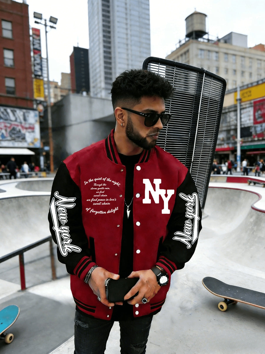 Vintage NY Letter Baseball Jacket, Men's American Casual Jacket - Burgundy