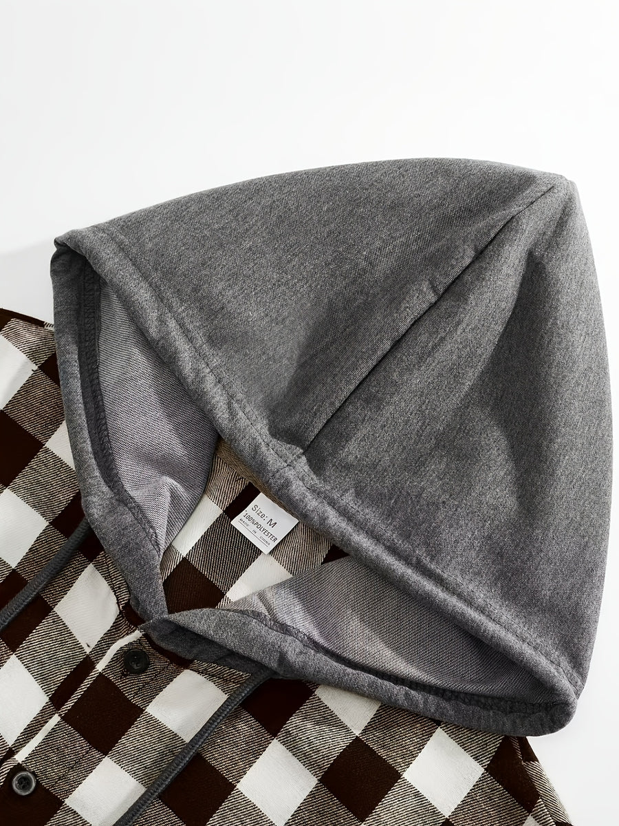 Men's Casual Plaid Hooded Short-Sleeve Hoodie, Summer Button Design, Suitable for Daily Outings, Casual Dates, and Trendy Summer Tops - Brown And White