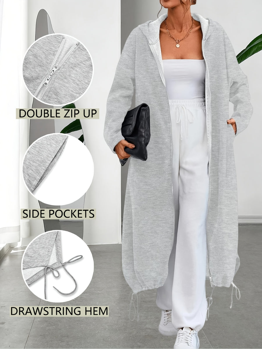 Japanese-Style Casual Gray Full-Zip Hoodie for Women, Featuring a Loose Fit, Dropped Shoulders, a Long Design, Drawstring Details, And Practical Pockets - Grey