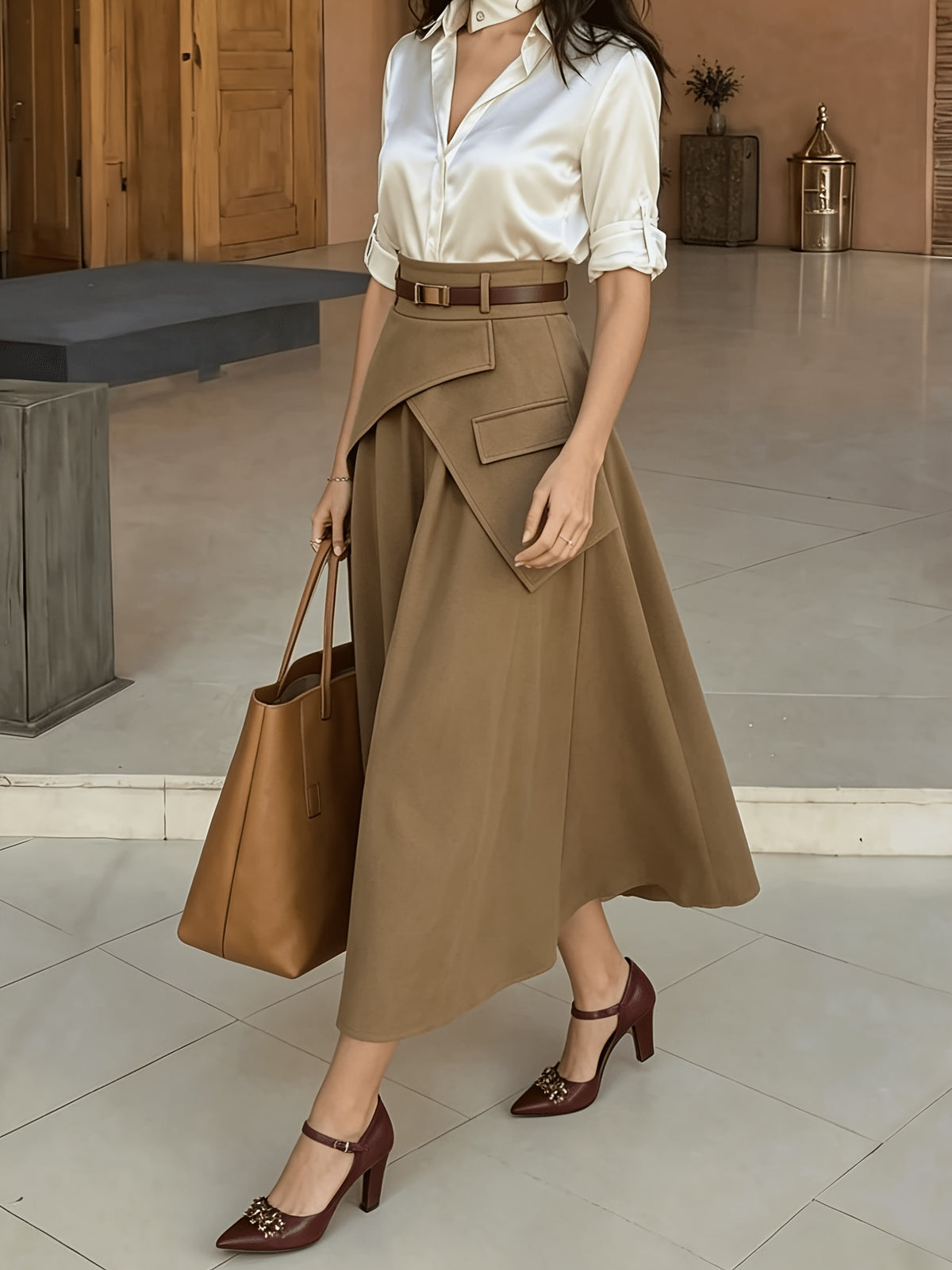 Women'S Spring Autumn New Elegant High-Waist Solid Mid-Length A-Line Asymmetrical Skirt/No Belt, Elegant Casual Design with Ruffled Trim, Suitable for Spring Autumn Summer, Appropriate for Fashion, Business, Commuting, Casual, Music Festivals - Dark Khaki
