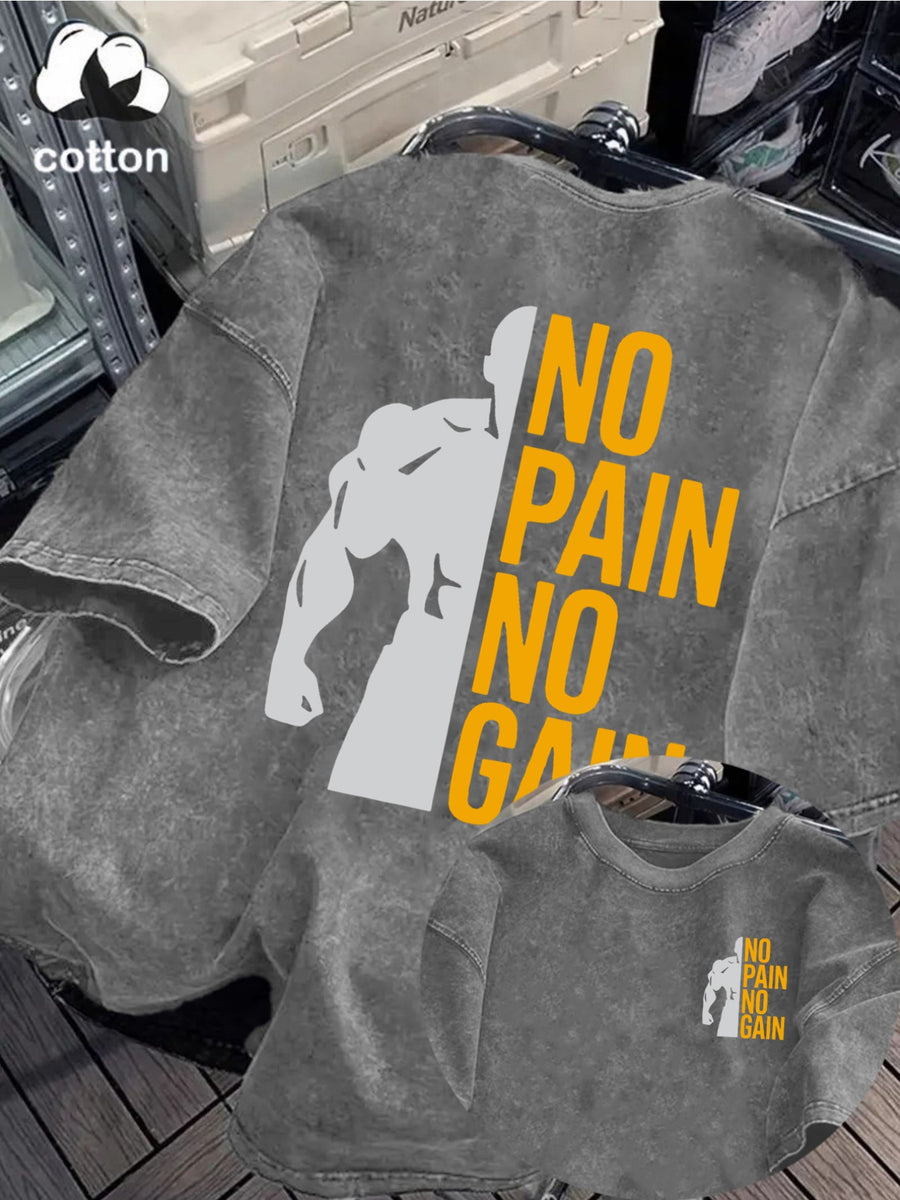 Washed Cotton Men's Short-Sleeve T-Shirt with "No Pain, No Gain" Graphic Design, Summer Versatile Pure Cotton Fashionable Casual Breathable Unisex Top, Suitable for Daily Outings, Leisure, and Sports - Grey