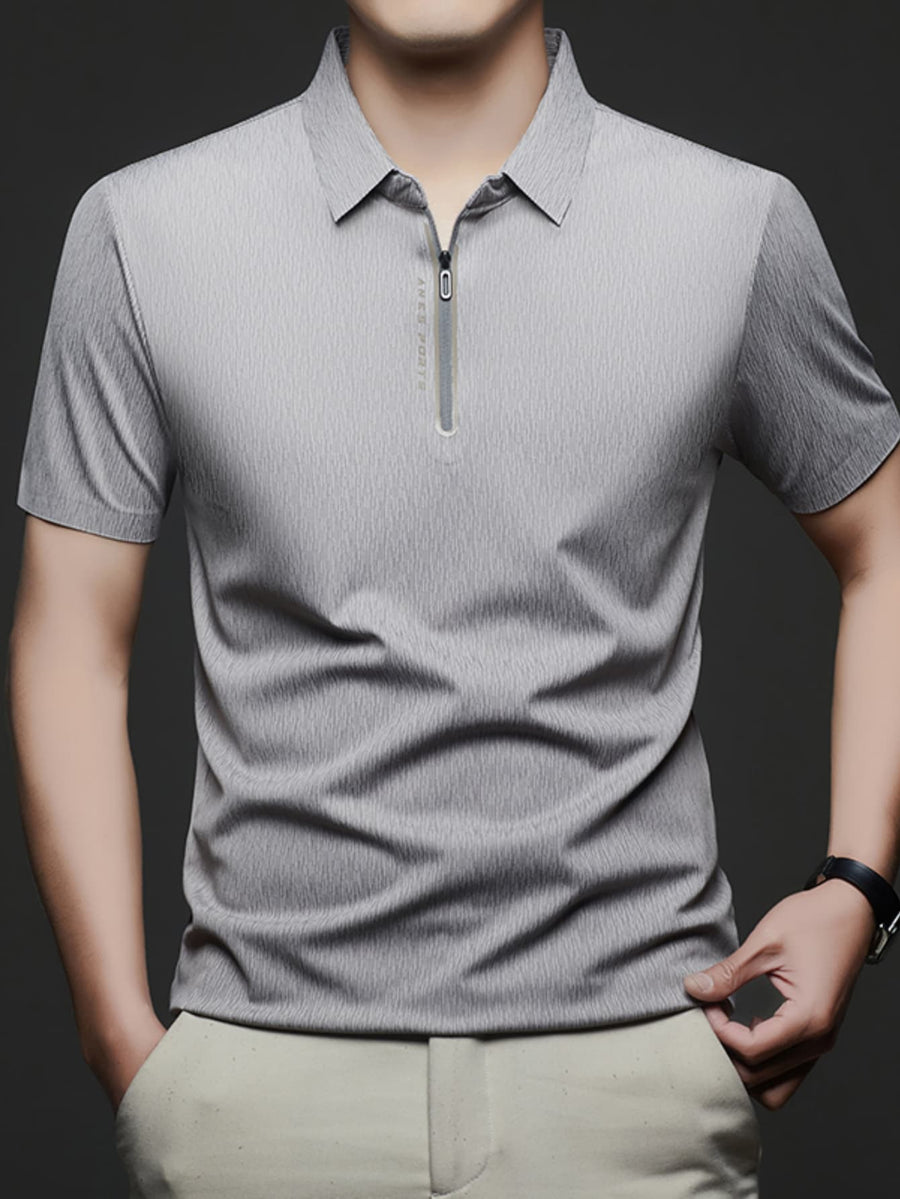 Spring/Summer Lapel Polo Shirt, Casual T-Shirt for Young and Middle-Aged, Outdoor Outings, Office Commuting, Outdoor Recreation, Urban Lapel Short-Sleeve Fashion Style, Casual Outing Top, Breathable Design, Solid Color, Casual Half-Sleeve - Grey