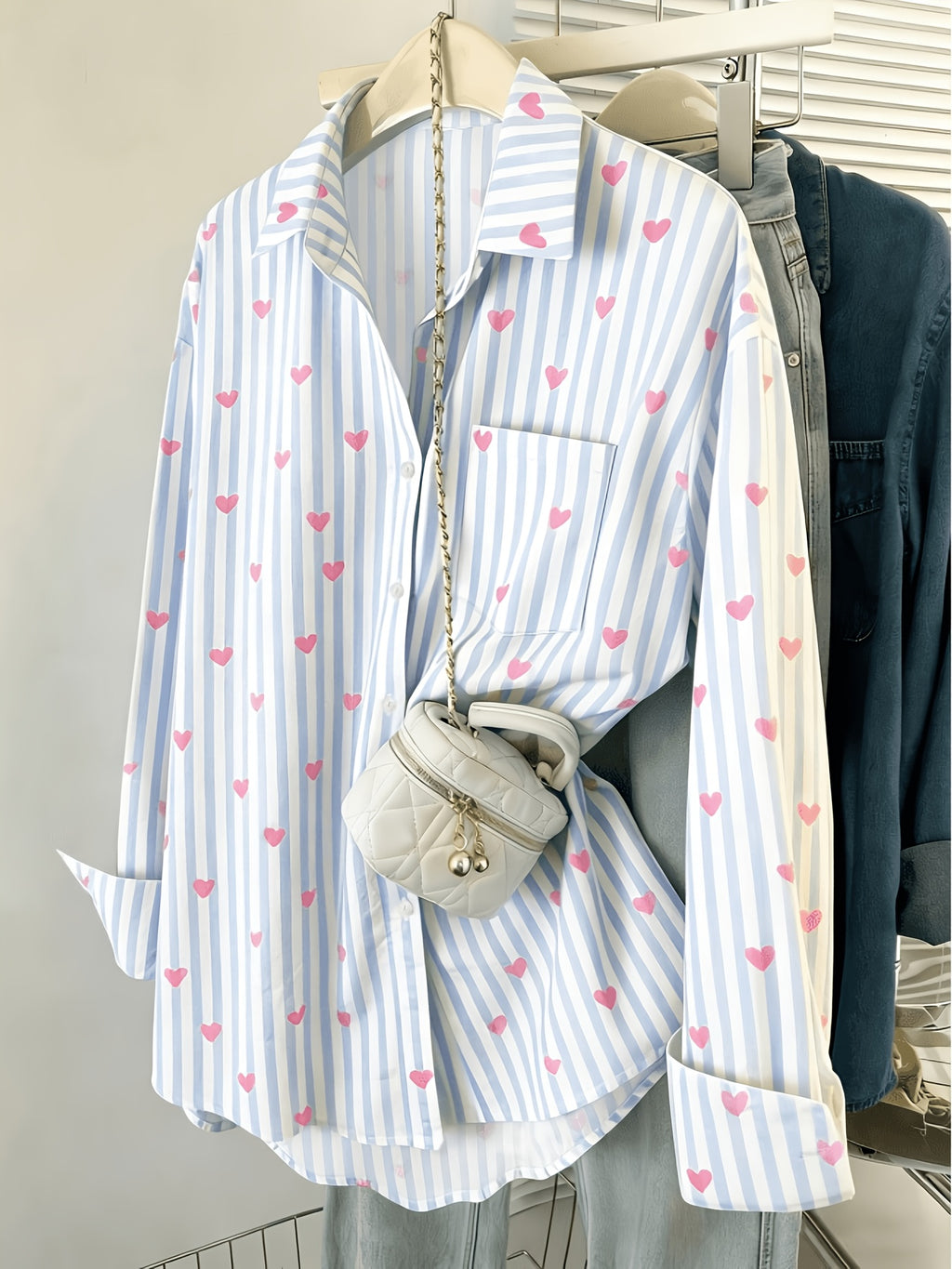 Women's Casual Loose Striped Heart Print Shirt - Blue