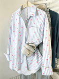 Women's Casual Loose Striped Heart Print Shirt - Blue