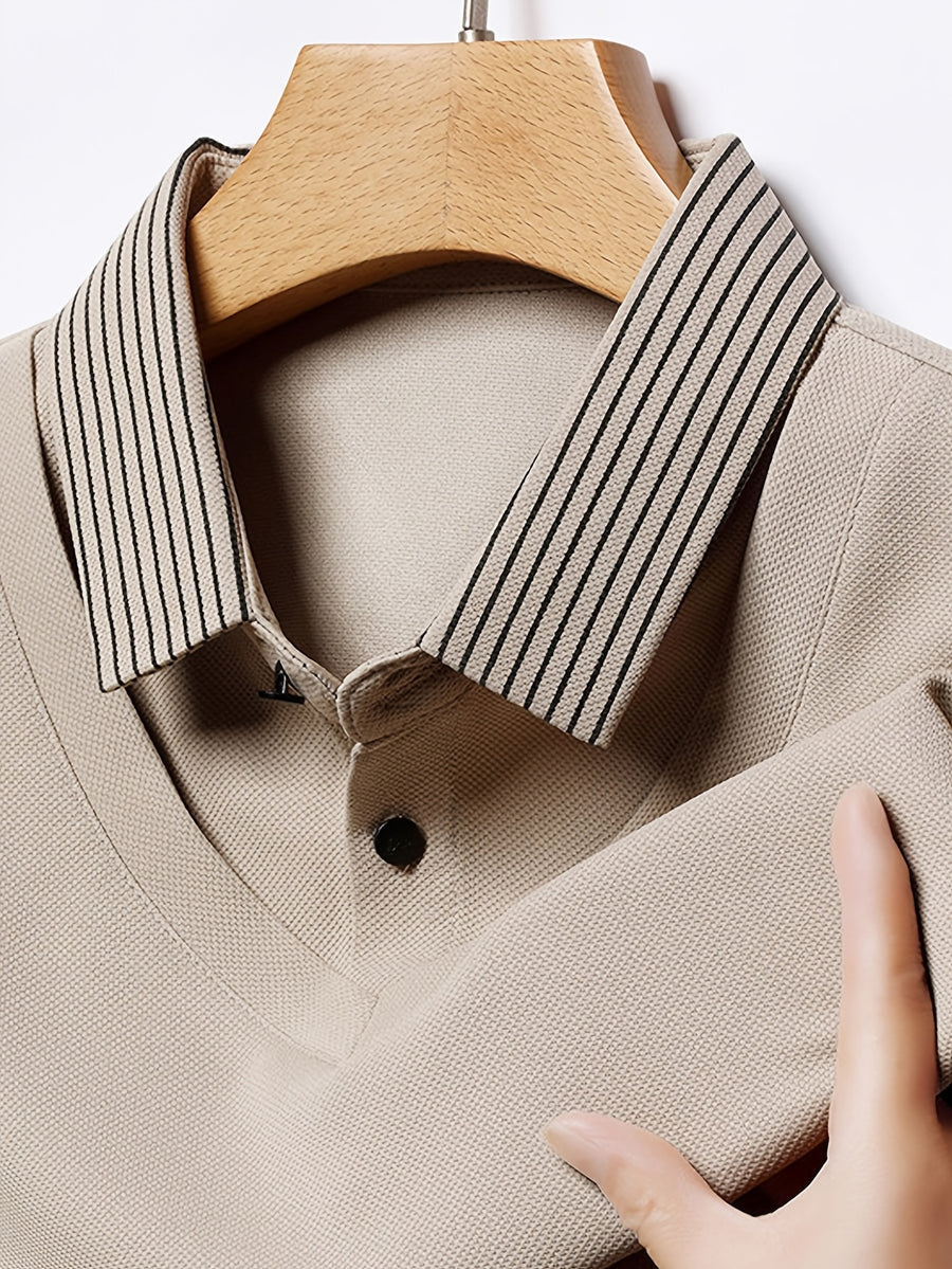 Men'S Shirt Collar Faux Two-Piece Polo Sweater, Suitable for Middle-Aged Men, Commute And Business Gatherings - SINBOS, Knit - Khaki