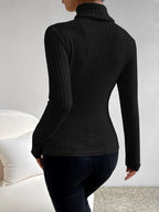 Solid Color Ribbed High-Neck Long-Sleeve Fitted T-Shirt - Black