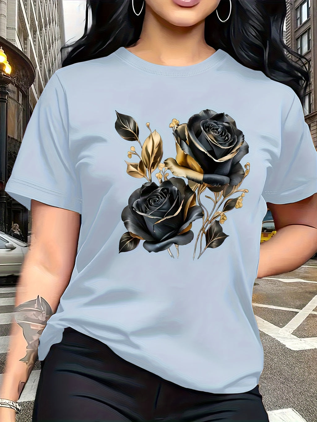 A Stylish And Breathable T-Shirt Featuring a Luxurious Vintage Design with a Black And Golden Rose Pattern, Perfect for Family Trips, Campus Events, Casual, Daily Commutes, Matching Outfits for Sisters, And Versatile Wear - Light Blue