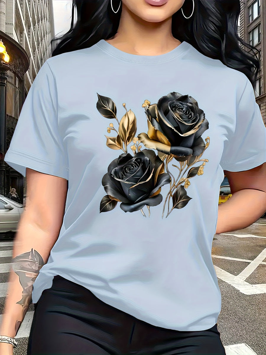 A Stylish And Breathable T-Shirt Featuring a Luxurious Vintage Design with a Black And Golden Rose Pattern, Perfect for Family Trips, Campus Events, Casual, Daily Commutes, Matching Outfits for Sisters, And Versatile Wear - Light Blue