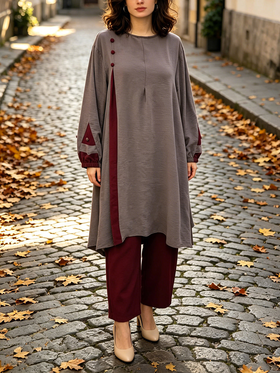 New Style Middle Eastern Muslim Abaya Set - Women's Modest Contrast Color Combination Long-Sleeve Top & Maxi Skirt with Button Detail for Ramadan Daily & Gatherings - Color Block (Gray Top + Apricot Red Pants)