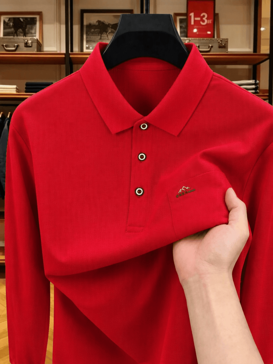Men'S Clothing Christmas Father'S Day Gifts Golf Fishing Tennis Sports Solid Color Lapel Long Sleeve Polo Shirt Soft Skin Friendly Real Pocket Casual Pullover Top for Middle-Aged Elderly Dad Grandpa Spring Autumn Daily Wear - China Red