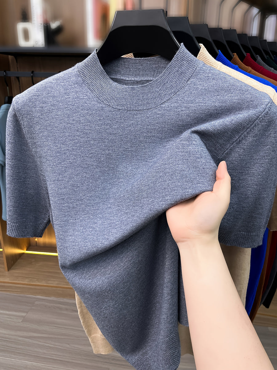 [Wading Whale OBM] 1pc Spring Summer New Men'S Knit Pullover Sweater, Old Money Style Textured Solid Color Short Sleeve T-Shirt, Casual Fashion Thin Breathable Ribbed Pullover Sweater Base Layer Top, Suitable for Spring And Summer Wear - Light Grey