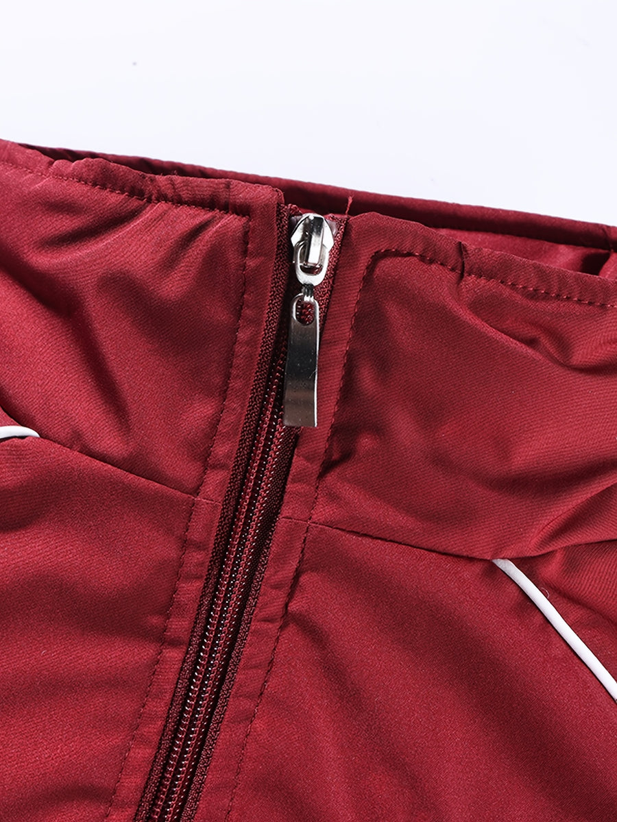 Men'S Thickened Windproof Racing Style Jacket, Stand Collar Full Zip Closure, Letter Patch Badge Decor, Windproof And Warm, Loose Fit, Multi-Color Available, Suitable for Autumn/Winter Motorcycle Riding, Road Trips, Travel Holidays, City Commuting - Red