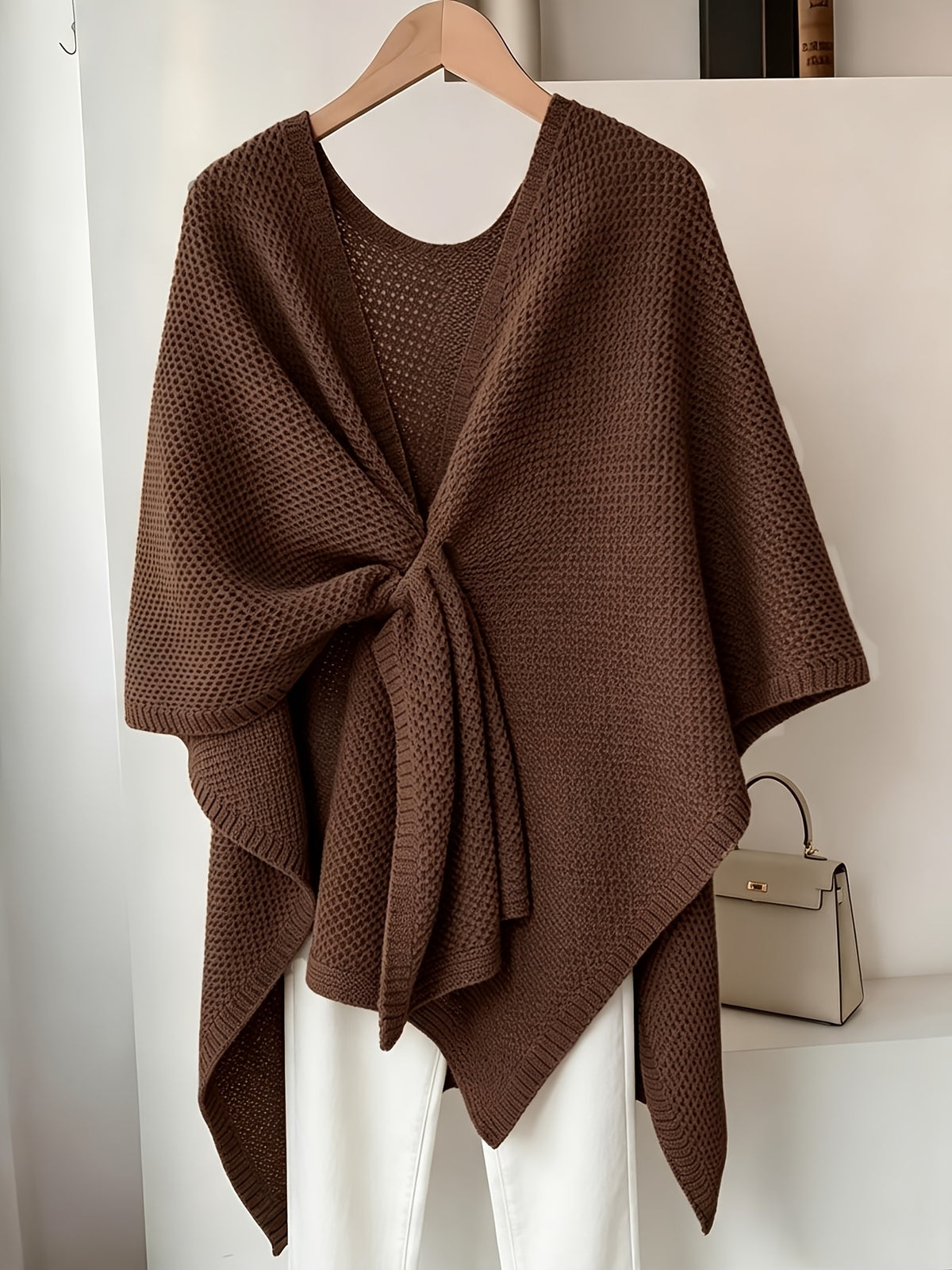 Autumn Winter New Loose Cape Cross-Body Tie Shawl Cardigan Women'S Outdoor Outerwear ASD1 - Coffee Color