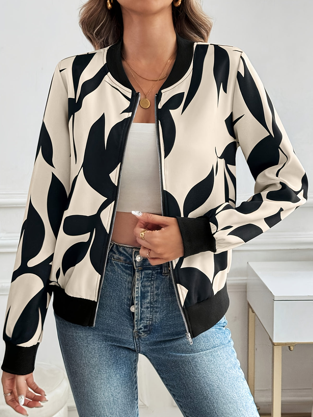Women's Printed Zip-Up Long Sleeve Baseball Collar Simple Elegant Casual Jacket Top - Black