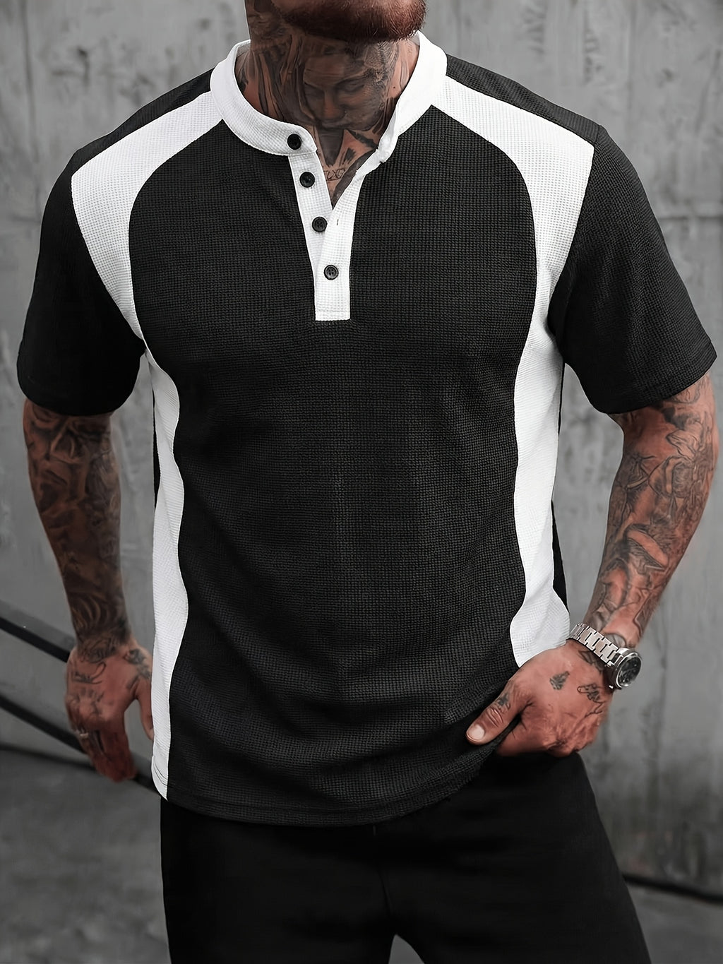 Men'S Fashion Men'S Tops Spring And Summer Outdoor Casual Textured Waffle Fabric Color Block Single-Breasted Short-Sleeved Men'S Henley Shirt - Black