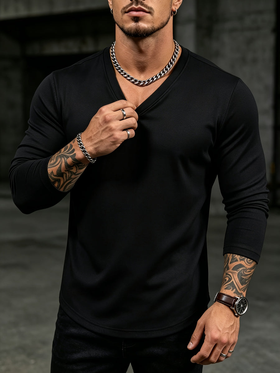 Mens V-Neck Long Sleeve Tshirt Ribbed Knit Stretch Slim Fit Casual Date Work Daily Fall Top - Black