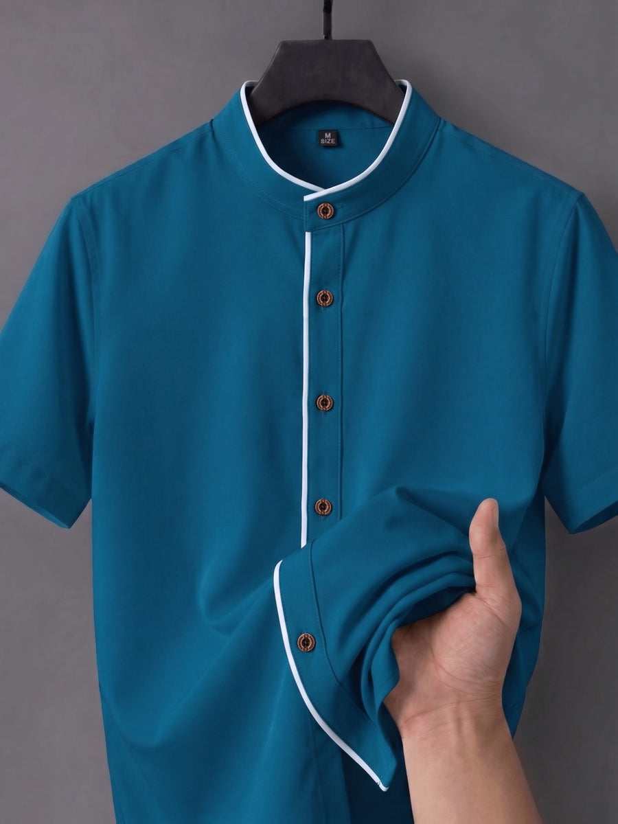 Men'S Short-Sleeved Shirt, Henley Collar/Stand-Up Collar Design, Placket Splicing Contrast Color Design - Dark Green