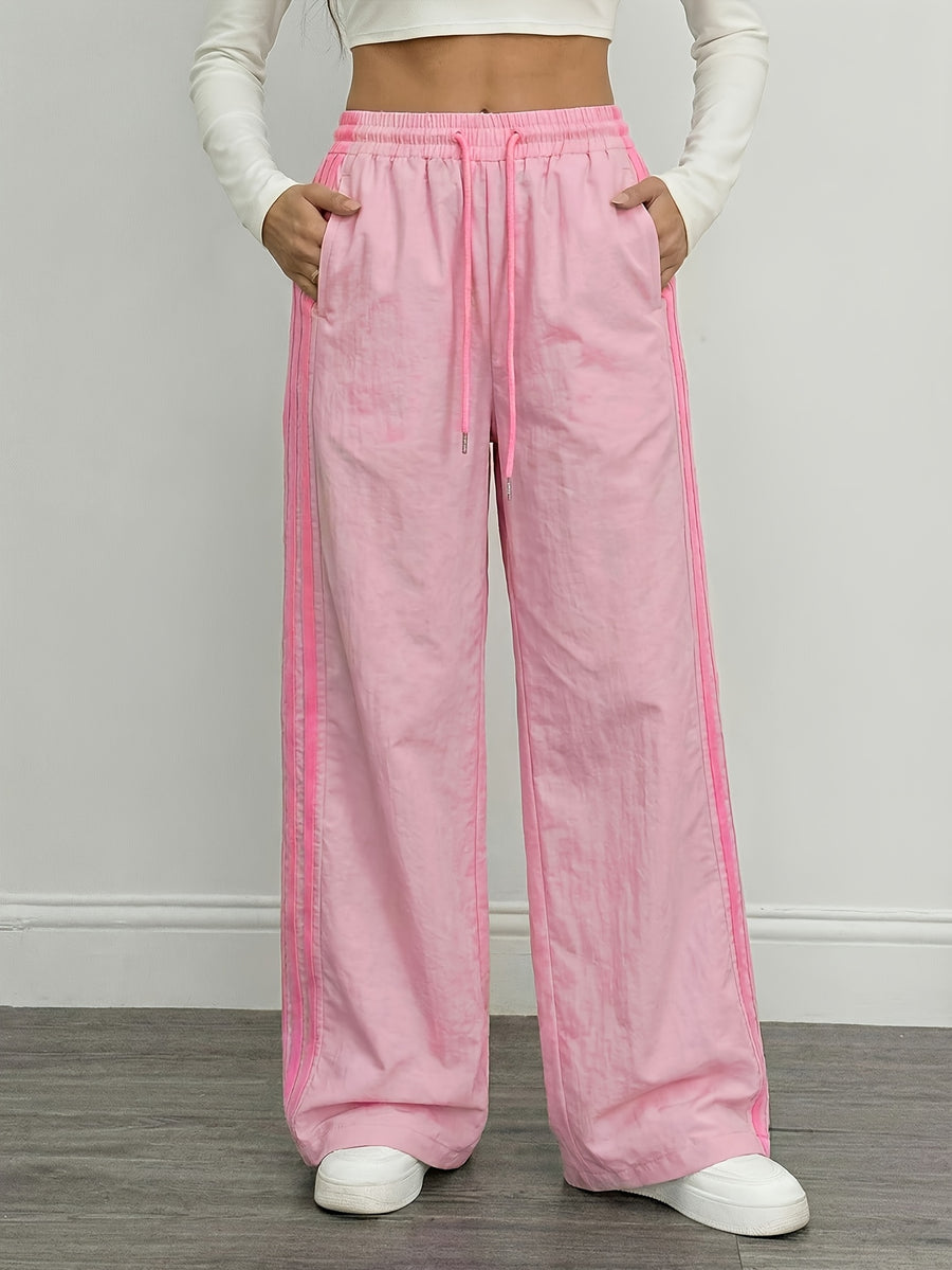Reading Week Clothing, Back to Season, 1pc 2025 Autumn Winter New Casual Sports Fashion Comfortable Beautiful Color-Blocked Waist Drawstring Women'S Long Pants, Suitable for Holiday Gifts Women'S Apparel - Pink Color