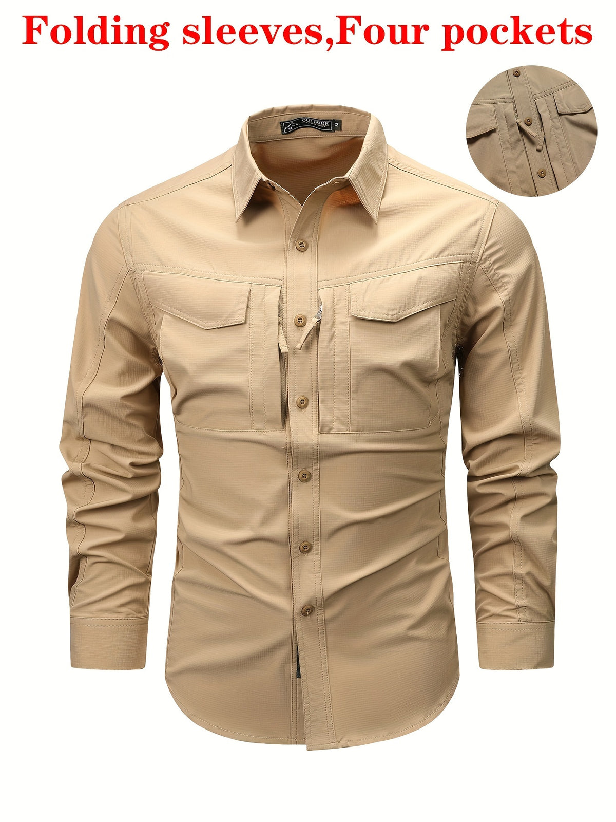 Outdoor Multi-pocket Functional Combat Quick-drying Shirt Casual Quick-drying Sports Shirt Thin Style with Four Chest Pockets and Armpit Ventilation Holes, Hunting - Khaki
