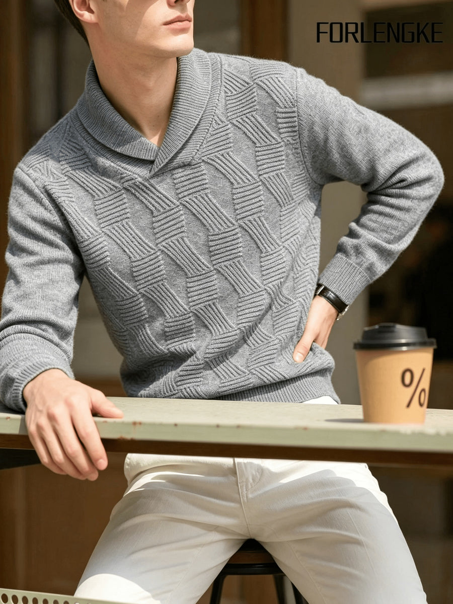 FORLENGKE Autumn And Winter Men'S Stylish Crew-Neck Knit Sweater with Full Checkered Texture, Jacquard Long-Sleeve Sweater, Comfortable Knit Top for Autumn And Winter, Casual Outings, Shopping, And Party Atmosphere Men'S Pullover Knit - Grey