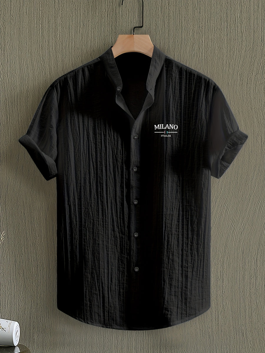 [Pearson OBM] Men'S Summer Print Short Sleeve Casual Stand-Up Collar Shirt, Button-Up Top Fashion Versatile Blouse, Lightweight Breathable Fabric for Beach Vacation Pool Party - Black 1