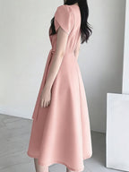 Women'S Belt Dress, Solid Color Loose Elegant Puff Sleeve V-Neck Tie-Waist A-Line Midi Dress - Lightweight Breathable Summer Commute And Party Dress, Suitable for Wedding Guest, Party Or Summer Outfit, Casual Commute - Pink