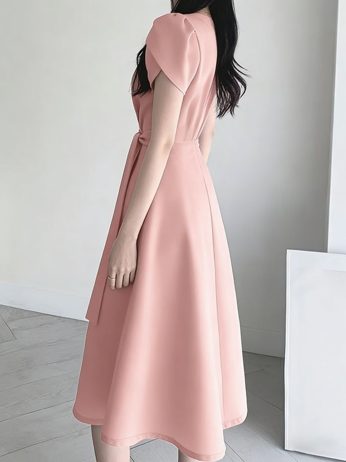 Women'S Belt Dress, Solid Color Loose Elegant Puff Sleeve V-Neck Tie-Waist A-Line Midi Dress - Lightweight Breathable Summer Commute And Party Dress, Suitable for Wedding Guest, Party Or Summer Outfit, Casual Commute - Pink