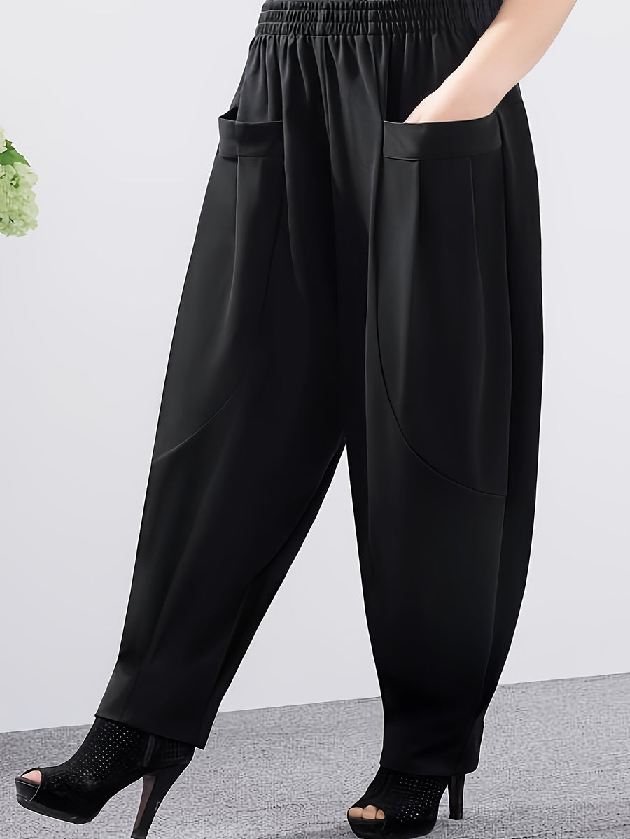 Plus Size - Women'S Plus Size Spring And Autumn New Harem Pants, Slim-Fit Elastic Waist Casual Trousers - Black
