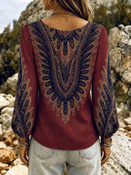 Ladies V-Neck Lantern Sleeve Top - Deep Red
