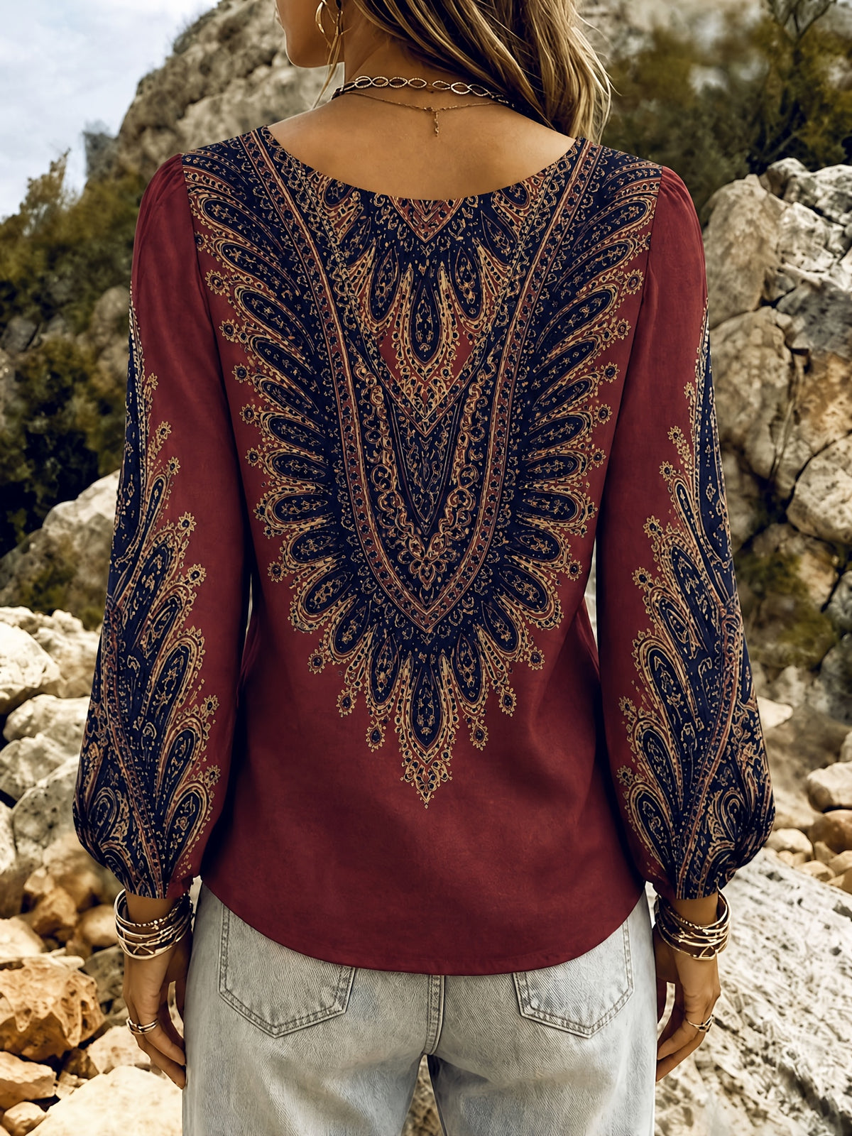 Ladies V-Neck Lantern Sleeve Top - Deep Red