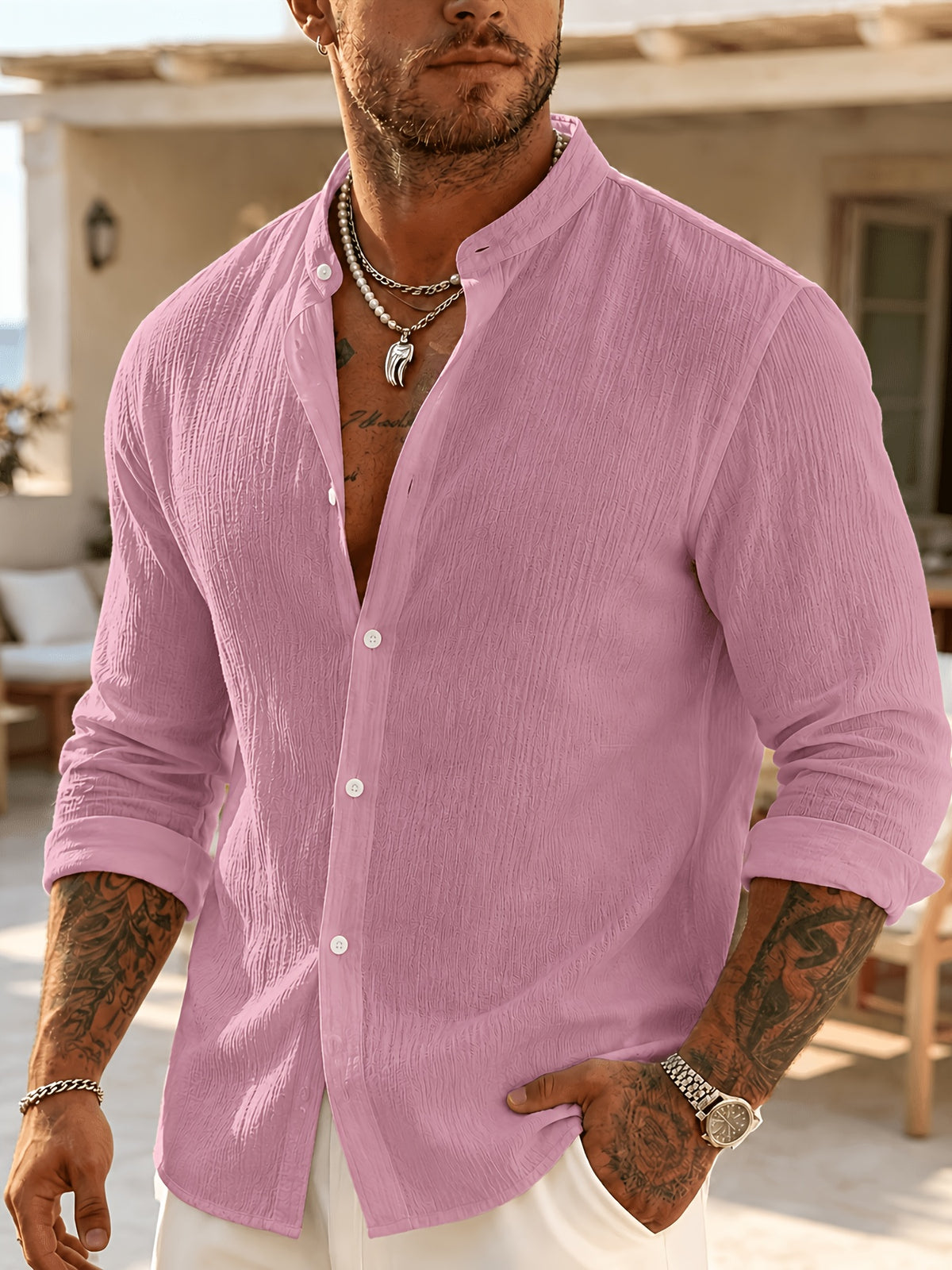 [Pearson OBM] Men'S Comfortable Long Sleeve Casual Shirt - Party Wear, Lightweight Breathable Stand Collar Button-Up, Versatile for Daily Wear, Activities, And Outings, Fashionable Men'S Clothing for Various Occasions, Street Style - Rose Red