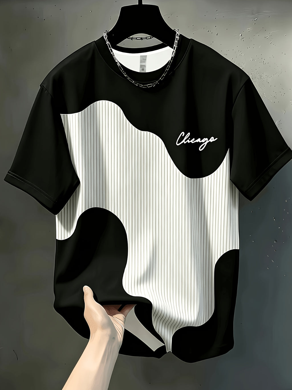 Men'S Print Design Textureless Casual Round Neck T-Shirt, Geometric Pattern Patchwork Striped Design, Chicago Word Pattern, Drapey Fashion Top, All-Season Wear, Breathable Regular Fit for Casual And Formal Outfits - Round Neck Casual Top - Mixed colors