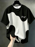 Men'S Print Design Textureless Casual Round Neck T-Shirt, Geometric Pattern Patchwork Striped Design, Chicago Word Pattern, Drapey Fashion Top, All-Season Wear, Breathable Regular Fit for Casual And Formal Outfits - Round Neck Casual Top - Mixed colors