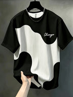 Men'S Print Design Textureless Casual Round Neck T-Shirt, Geometric Pattern Patchwork Striped Design, Chicago Word Pattern, Drapey Fashion Top, All-Season Wear, Breathable Regular Fit for Casual And Formal Outfits - Round Neck Casual Top - Mixed colors