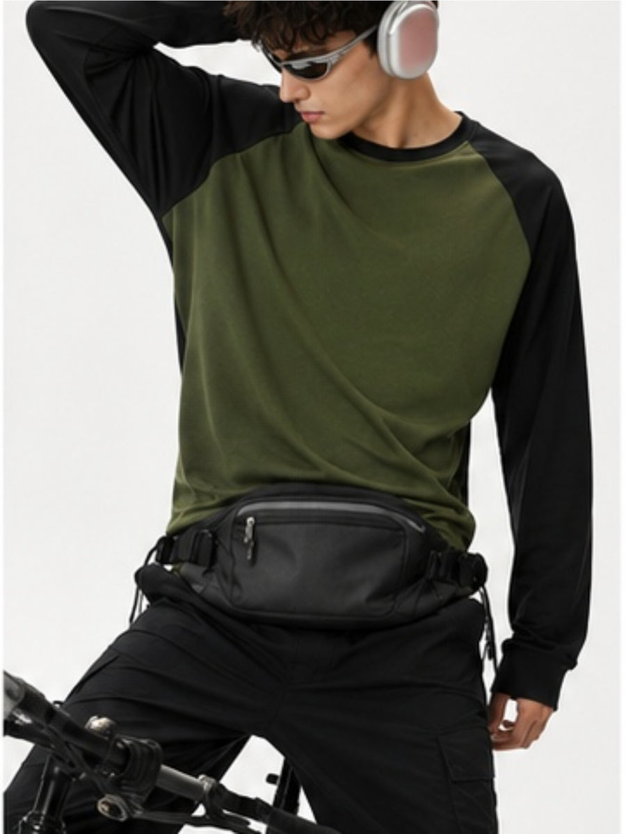Men'S Long Sleeve Round Neck T-Shirt, a Versatile Color-Block Pullover Top, Men'S Work And T-Shirt, Men'S Top, Casual Work Scene Wear, Applicable for Work Scenes - Black Sleeves + Army Green