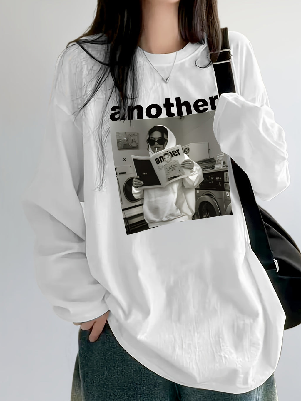 Spring and Autumn Casual Versatile Fashion Printed Midi Round Neck Long Sleeve T-Shirt Women's Loose Top BAO - White