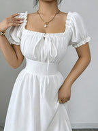 Elegant Dress Women'S Skirt Square Neck Puff Sleeve Tie-Up A-Line Long Dress Suitable for Outdoor Spring Summer Party Wedding Travel Zzy Spring Summer - White
