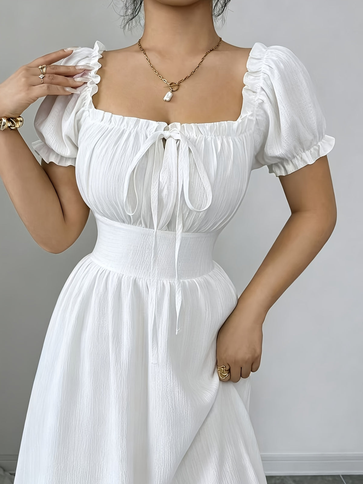 Elegant Dress Women'S Skirt Square Neck Puff Sleeve Tie-Up A-Line Long Dress Suitable for Outdoor Spring Summer Party Wedding Travel Zzy Spring Summer - White