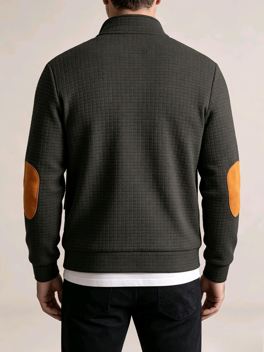 2pcs Men'S Autumn Winter Sports Small Stand-Up Collar Zipper Pocket Jacket, Spring Autumn Versatile Zipper Cardigan Top, Fashionable Plaid Jacquard Texture Fabric, Stylish Elbow Classic Color-Block Casual Coat, Suitable As Men'S Holiday Gift - Gray+black