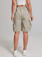 Women'S American-Style Quick-Dry Cargo Pants with Large Pockets, High-Waisted, Casual Straight-Leg, Knee-Length Shorts with Elastic Waistband, Machine Washable - Khaki