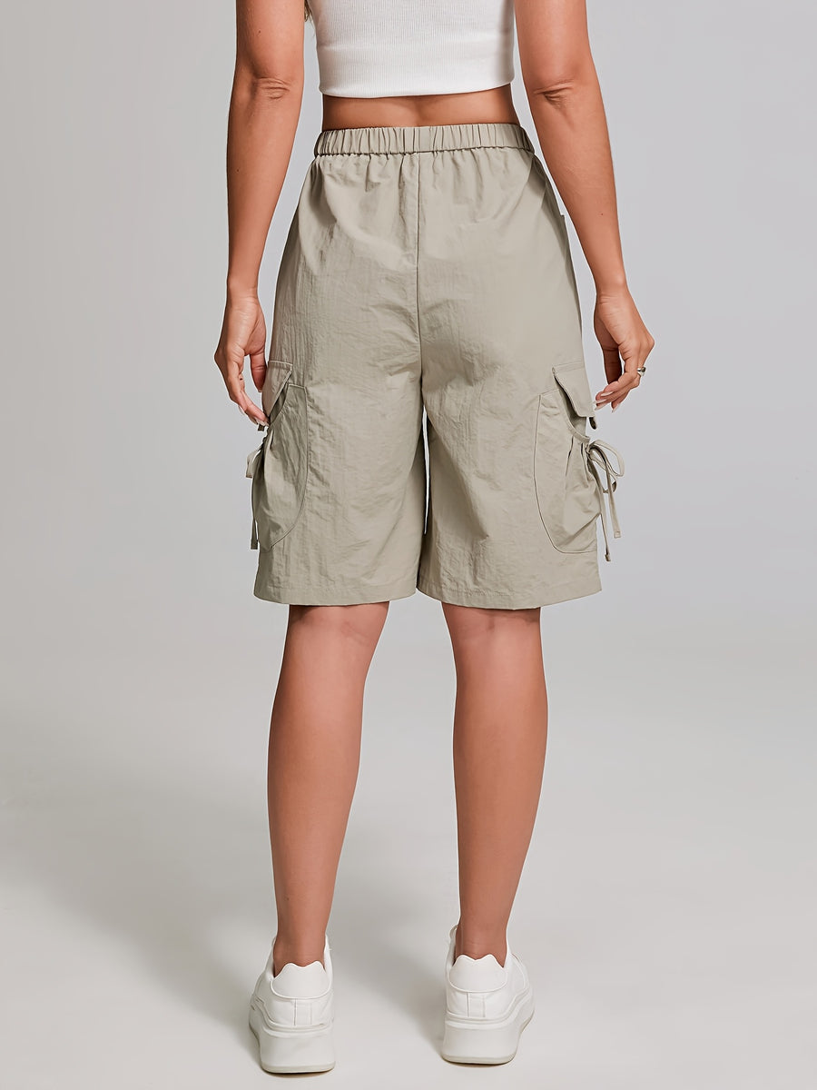 Women'S American-Style Quick-Dry Cargo Pants with Large Pockets, High-Waisted, Casual Straight-Leg, Knee-Length Shorts with Elastic Waistband, Machine Washable - Khaki