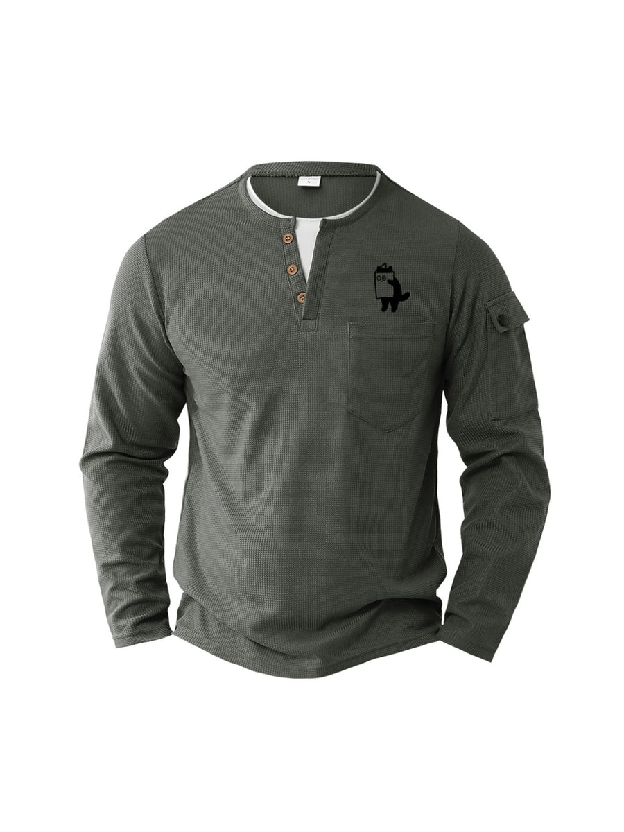 New Men's Waffle Knit Fake 2pcs Polo Shirt with Print, Sporty Fitness Leisure Comfortable Top - Grey
