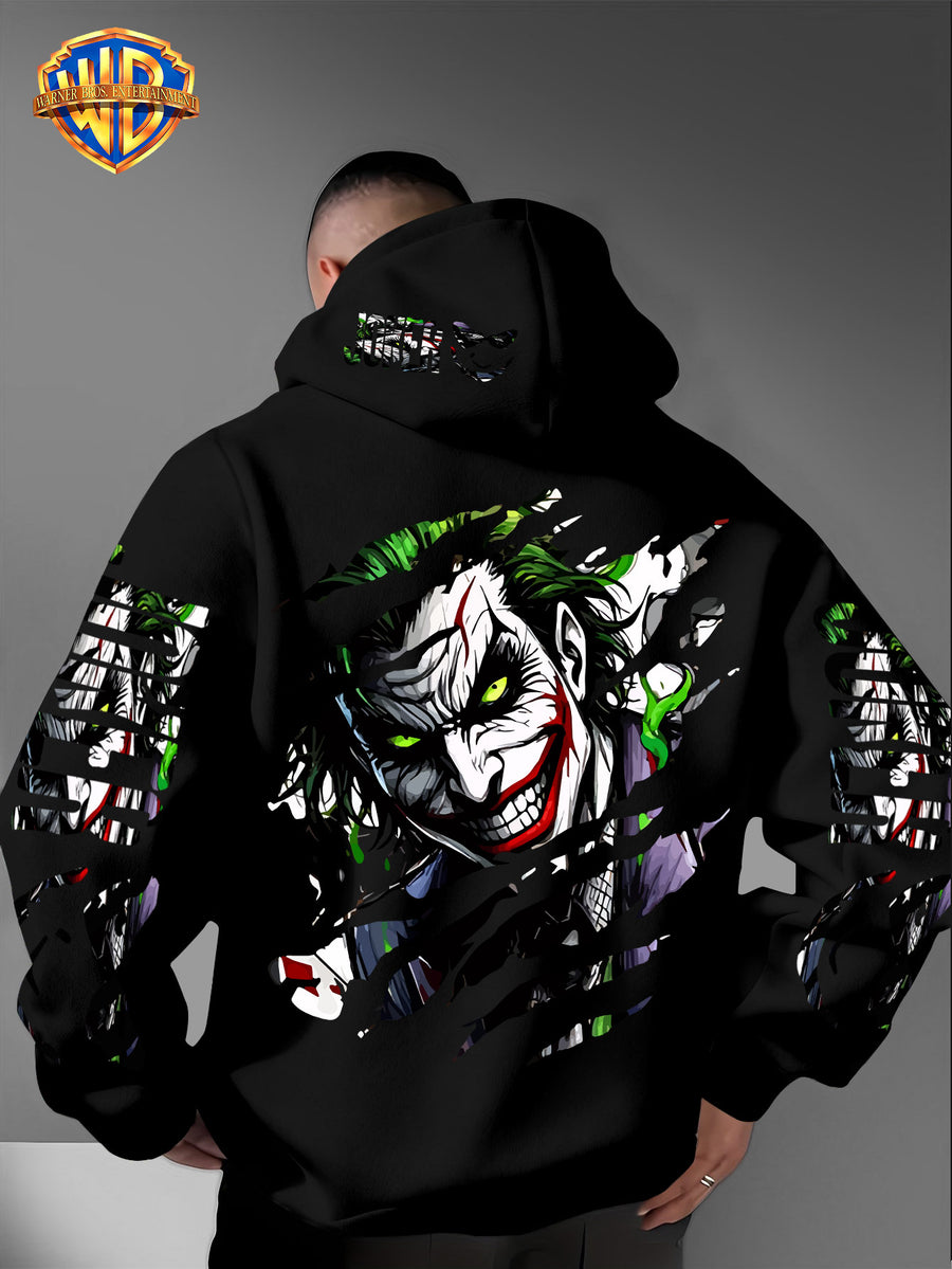 WB Men's Joker Print Hooded - Warner Bros. Official & Iconic Joker Design, Loose Fit Hoodie with Hooded Pullover, Machine Washable Streetwear for Fall/Winter Casual Wear Suitable for Autumn and Winter Warmth - Black